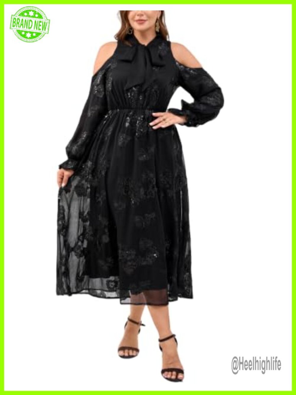 Plus Size Cold Shoulder Bow Tie Chiffon Midi Dress Sequins Formal